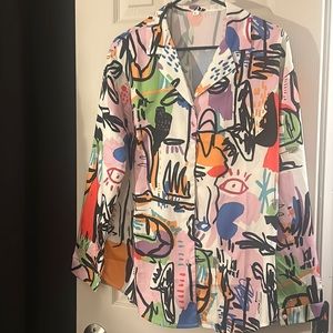 Long sleeve button up shirt blazer collar Large Colorful PURPLE WHITE GREEN RED